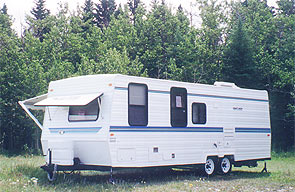 Bow Valley Campgrounds trailer for rent on site.